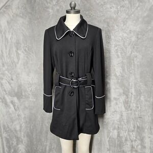 Marisa Christina Womens Black White Trim Belted Jacket Trench Coat Size S Career